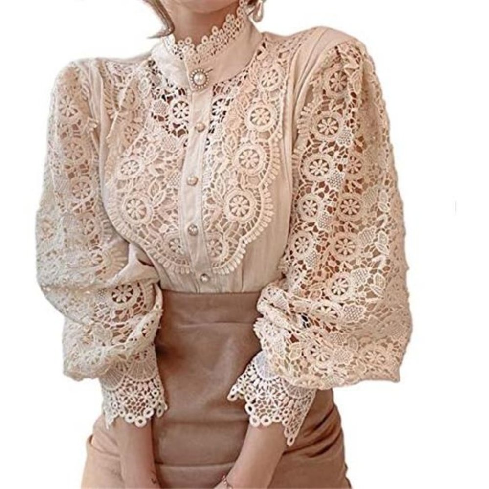 Women’s Elegant Lace Trim Shirts Beige